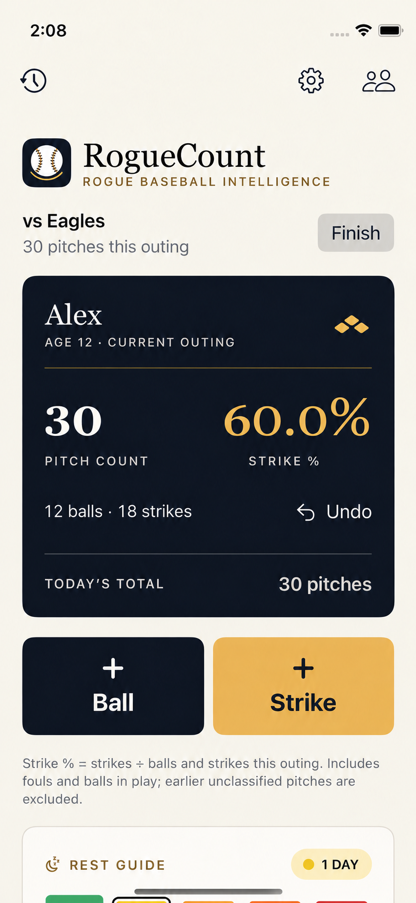 RogueCount Pro example outing for Alex: 30 pitches, 18 strikes, 12 balls, and 60.0% strikes